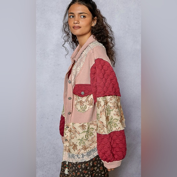 P59. NEW POL Quilted Lace Jacket Floral Pearls Balloon Sleeve Relaxed Fit Mauve - Picture 8 of 9